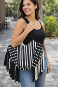 No Boundaries Woven Fringe Black & White Stripe Tote Bag