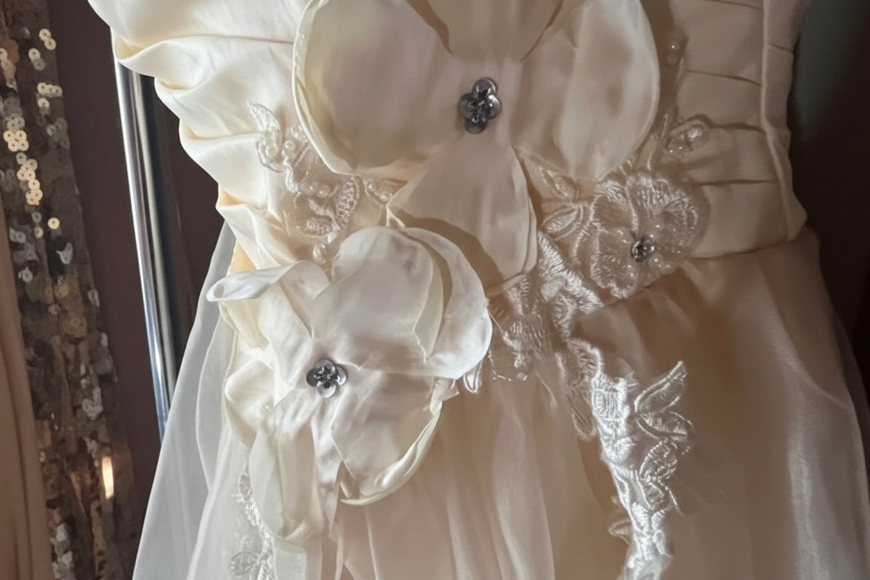 Vintage (est 1950) Champagne Ivory Strapless Wedding Dress w Lace & Floral Details