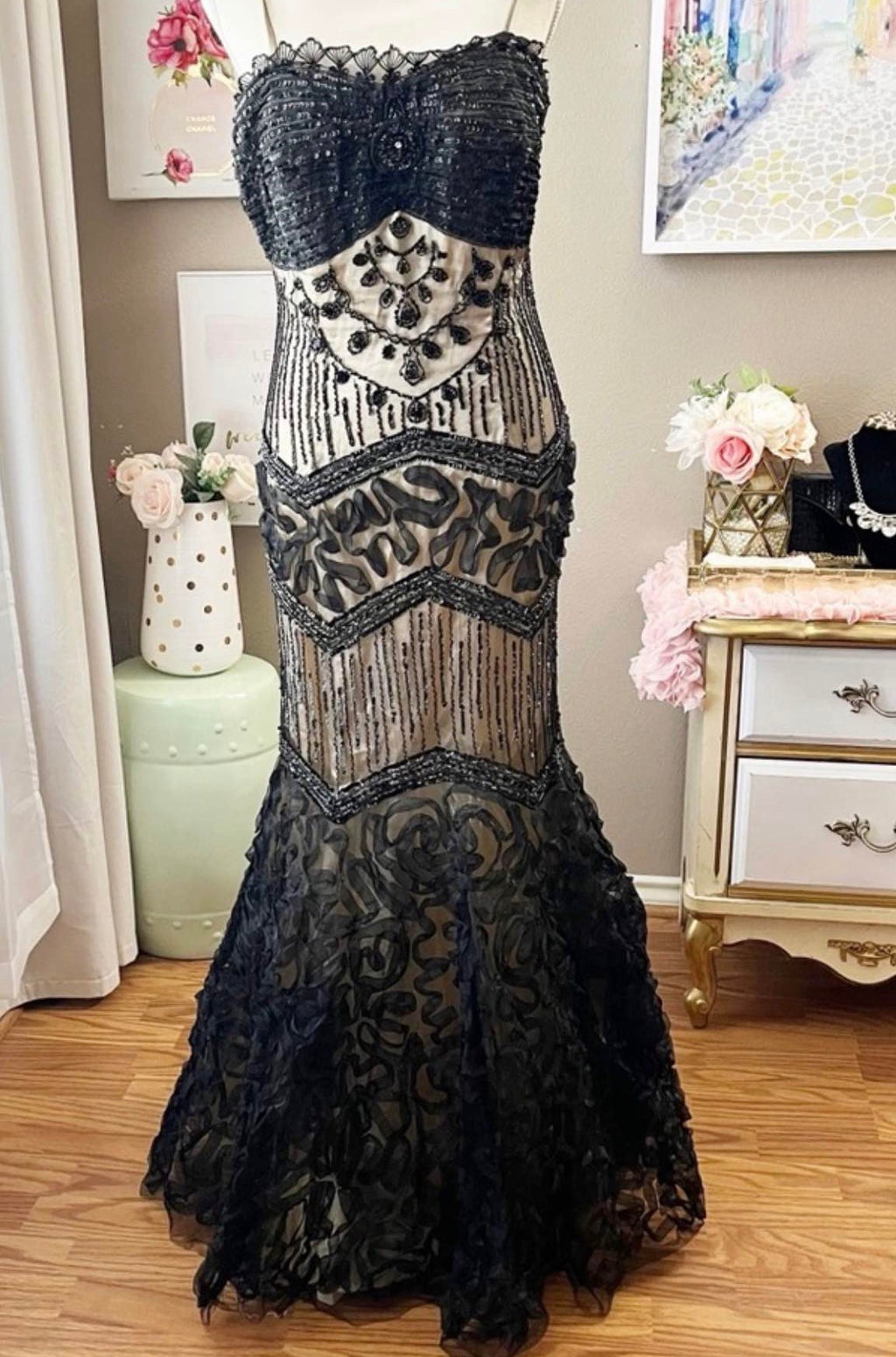 Black Beaded Sequin Mermaid Gown