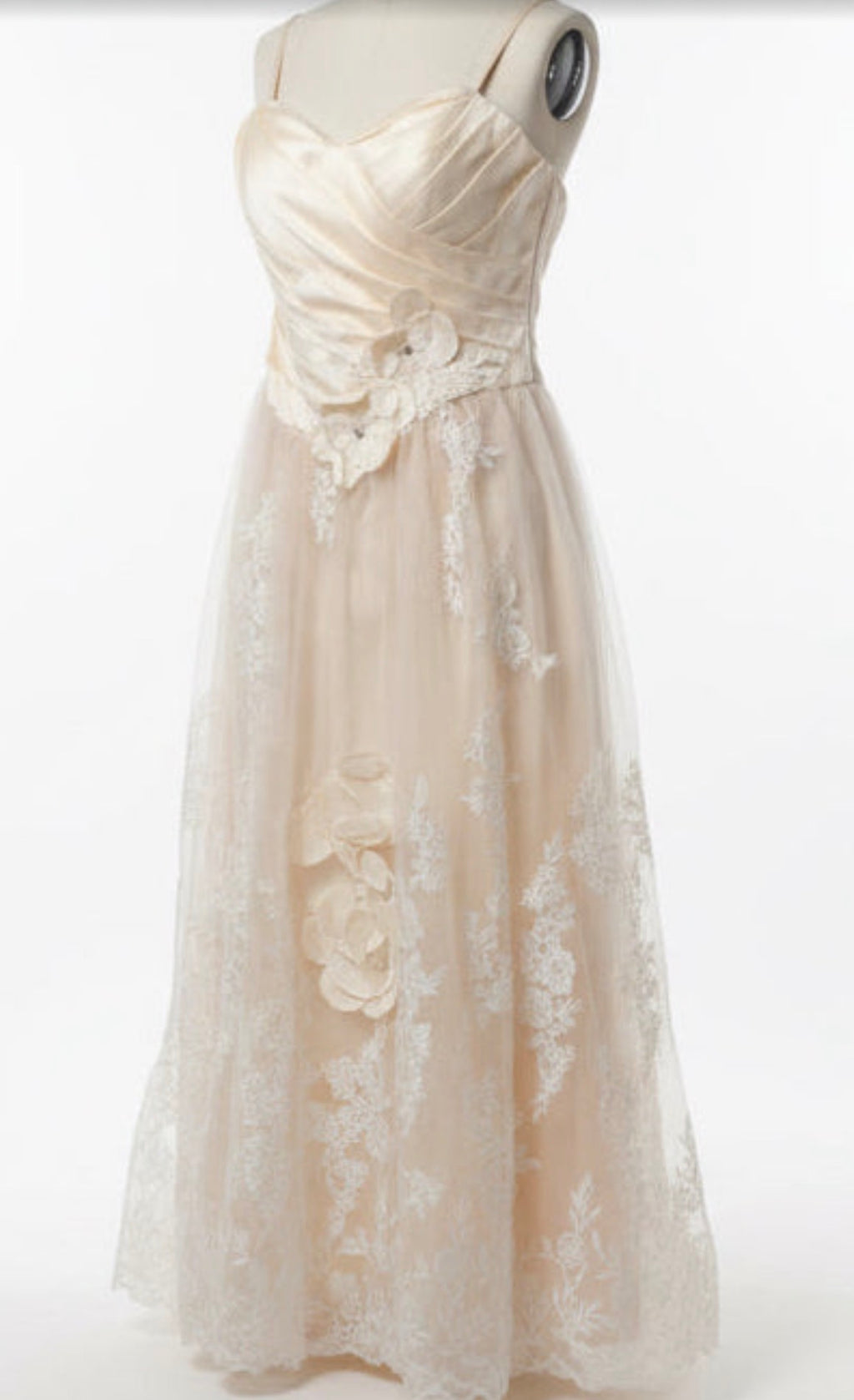 Vintage (est 1950) Champagne Ivory Strapless Wedding Dress w Lace & Floral Details