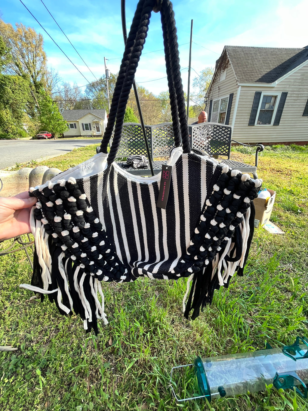 No Boundaries Woven Fringe Black & White Stripe Tote Bag