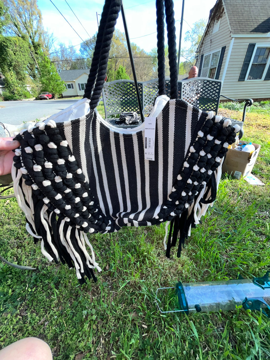 No Boundaries Woven Fringe Black & White Stripe Tote Bag
