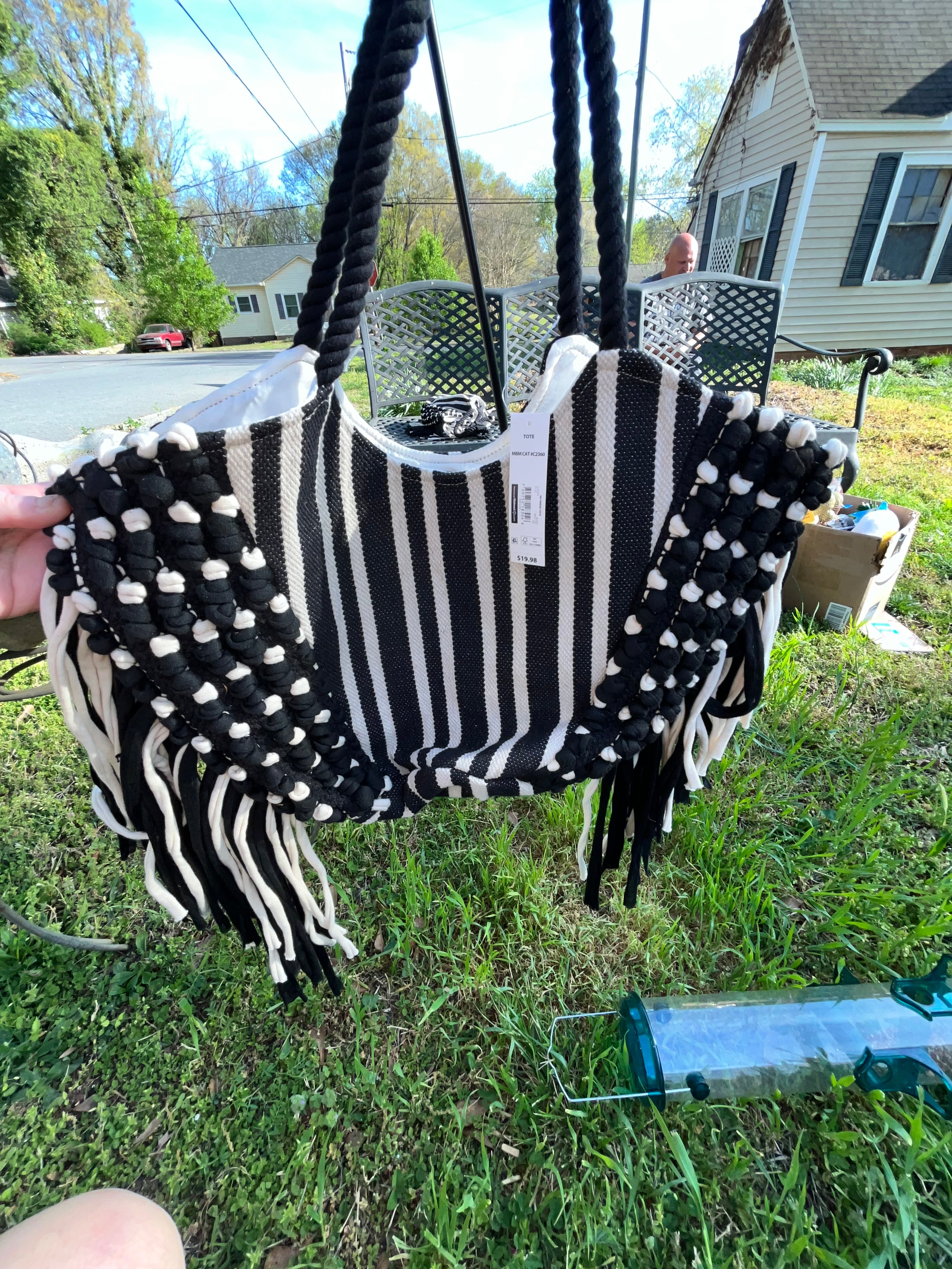 No Boundaries Woven Fringe Black & White Stripe Tote Bag