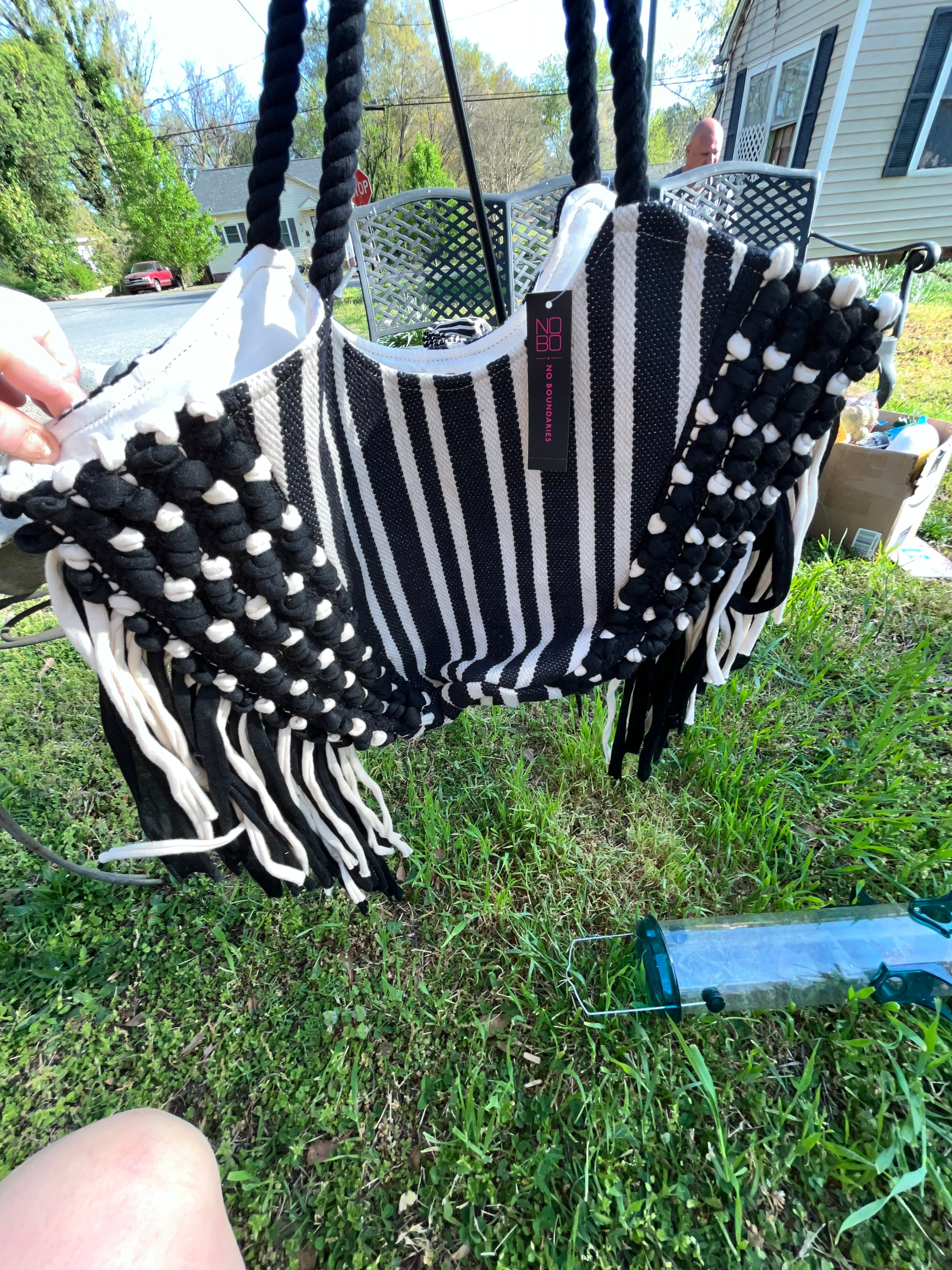 No Boundaries Woven Fringe Black & White Stripe Tote Bag
