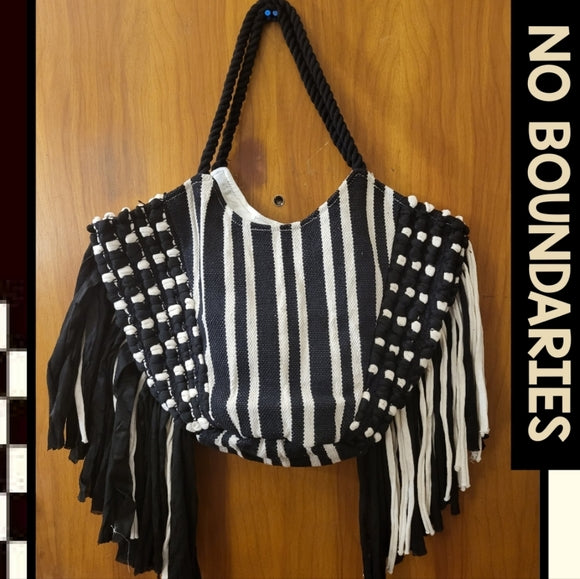 No Boundaries Woven Fringe Black & White Stripe Tote Bag
